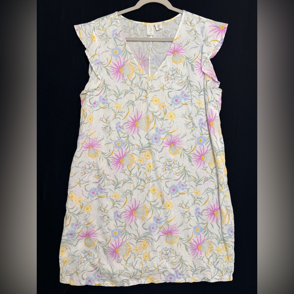 Boutique Joie Floral Linen Ivory Dress in Pink and Yellow Ruffle Cap Sleeves